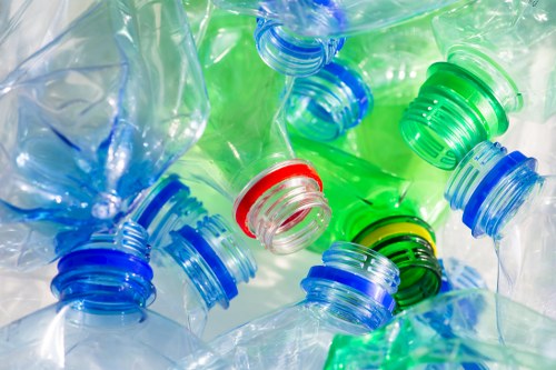 A close-up photograph of multiple discarded plastic bottles, many with colourful caps in shades of blue, green, and red, piled together in a jumble. The bottles are made of transparent, slightly crinkled plastic and appear to contain residual liquid or be empty. The caps are tightly screwed on, with some slightly tilted or overlapping, creating a chaotic visual effect. The background highlights additional bottles and caps, emphasizing the mixture of different colours and textures. This image reflects the need for proper rubbish removal, especially in recycling contexts, and aligns with services like those provided by Garden Clearance Shepherds Bush, operating in West London postcodes. The bottles are shown in an outdoor or indoor setting with bright lighting, making the transparent plastic and vivid caps stand out clearly. The visual focus on plastic waste underscores environmental concerns around the disposal of plastic bottles and the importance of responsible rubbish clearance.