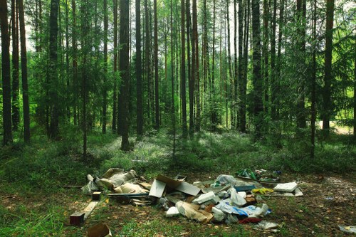 A woodland scene with tall, slender trees and dense green foliage in the background, illuminated by natural daylight. In the foreground, there is a pile of mixed rubbish and discarded objects, including cardboard boxes, plastic bags, broken wooden planks, and miscellaneous waste materials scattered on the ground. The debris appears to be haphazardly dumped in the forest clearing, with some items partially crumpled or torn. The ground surface beneath the rubbish is covered with brown leaves, pine needles, and soil, contrasting with the vibrant greenery of the surrounding trees. This image showcases the impact of illegal dumping in natural environments, relevant to rubbish removal services in areas such as Shepherds Bush, where professional clearance may be necessary to restore site cleanliness. The scene captures the contrast between the undisturbed forest and the unmanaged rubbish, emphasizing the need for proper waste disposal and clearance assistance in London districts.